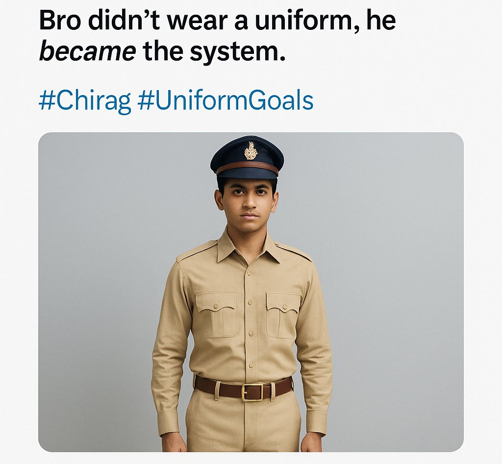 Chirag’s uniform.
Yeah, I make heads turn.
🧢 Hat? Authority mode: ON
👔 Shirt? Pressed tighter than Parliament's budget
👖 Pants? Holding the Constitution in place
👞 Shoes? Marching over nonsense daily
I’m not just stitched fabric. I’m legacy in motion.
#Chirag #uniforme