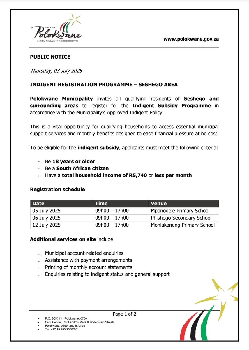 PolokwaneMuni's tweet image. SESHEGO
If your household earns R5,740 or less/month, you may qualify for free municipal benefits.
Register for the indigent subsidy:
5-12 July 2025
Local schools
Bring your ID and proof of income.
More info: 015 290 2000 | #MyPolokwaneCitizenApp