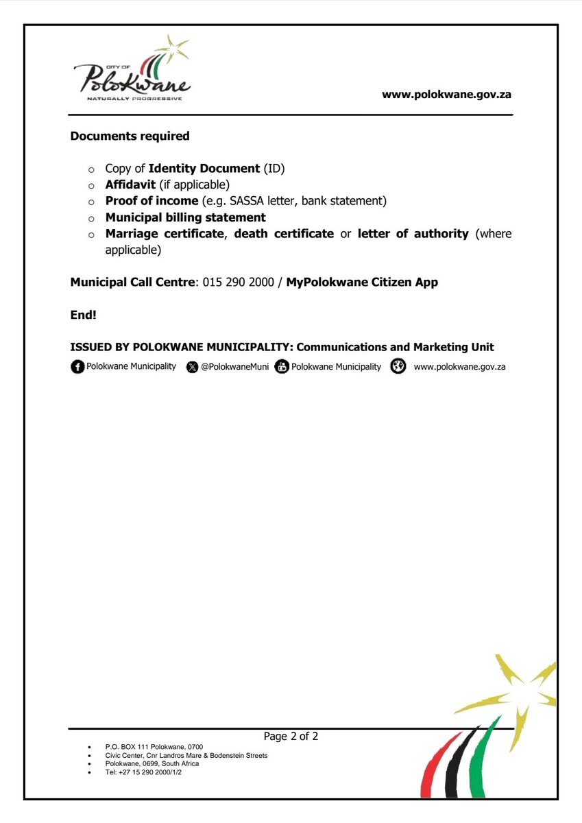 PolokwaneMuni's tweet image. SESHEGO
If your household earns R5,740 or less/month, you may qualify for free municipal benefits.
Register for the indigent subsidy:
5-12 July 2025
Local schools
Bring your ID and proof of income.
More info: 015 290 2000 | #MyPolokwaneCitizenApp
