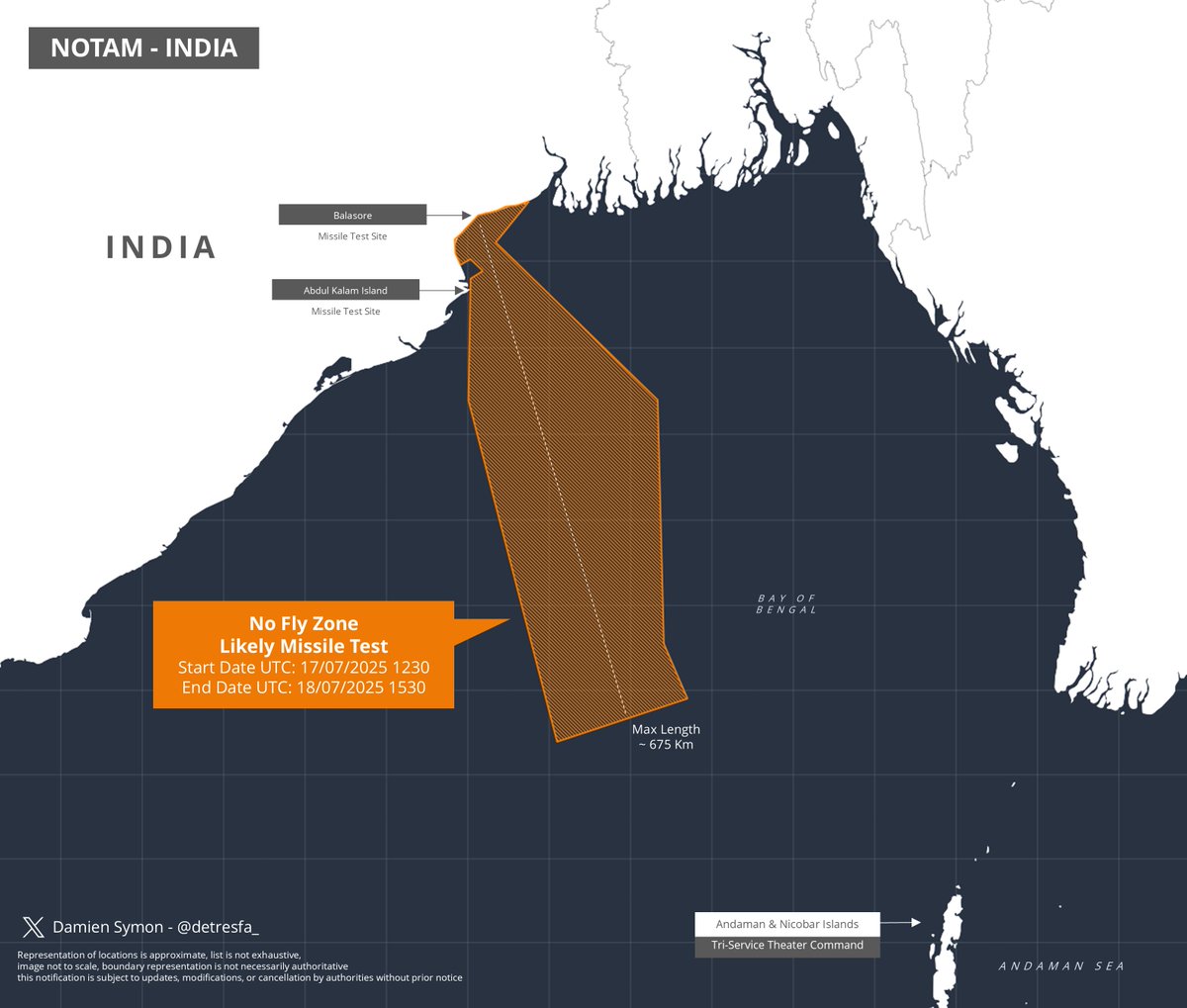 detresfa_'s tweet image. #AreaWarning #India issues a notification for a likely missile test in the Bay of Bengal region
Date | 17-18 July 2025