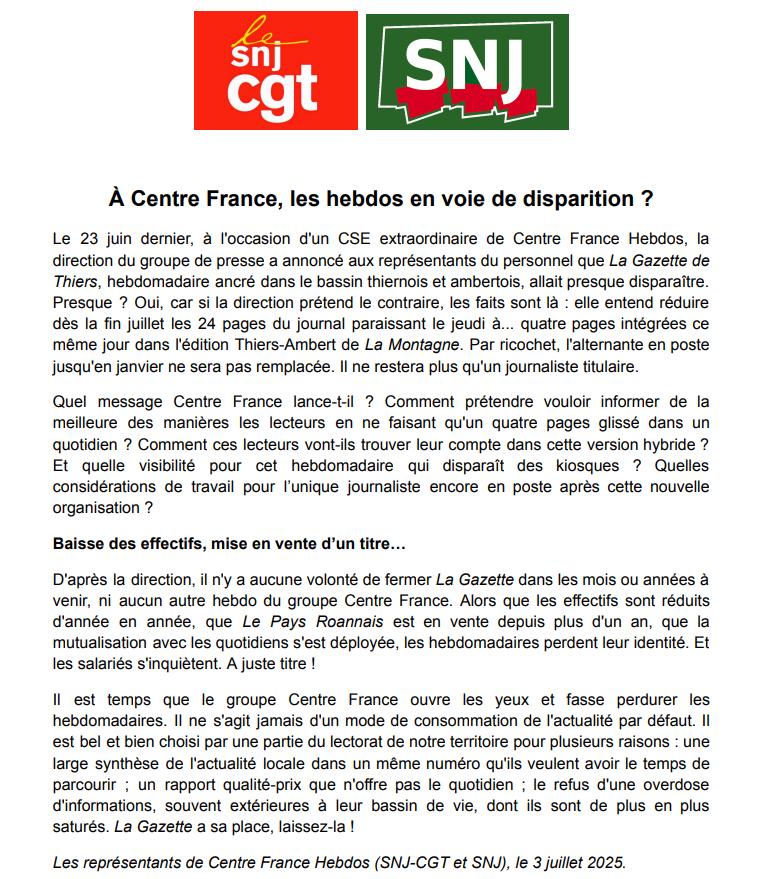 La direction de Centre France a annoncé que La Gazette de Thiers va être réduite dès la fin juillet. L'idée ? Les 24 pages du journal paraissant le jeudi vont se transformer en... quatre pages insérées dans La Montagne. Une décision inadmissible ! (cc <a href="/SnjCgt/">SNJ-CGT (rejoignez-nous !)</a>)