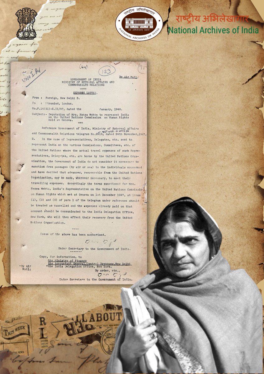 On Hansa Mehta's birth anniversary, #NAI presents a 1948 MEA letter regarding her deputation to represent India at the UN Human Rights Commission (Geneva, Dec. 1947), along with related expenses, marking a key moment in India’s early global engagement.

-MEA, UNO, 5(68)-UNO I/47