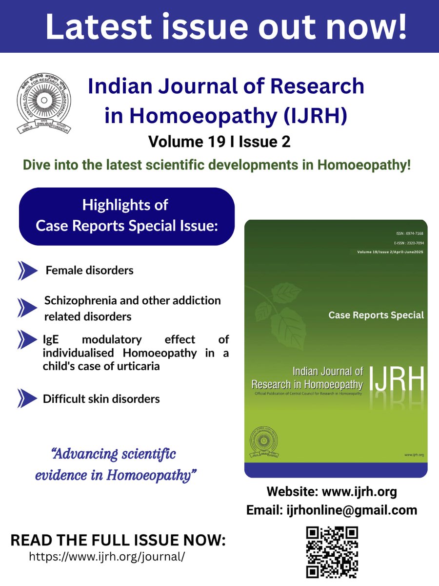 ccrhindia's tweet photo. Latest issue out now!
Indian Journal of Research in Homoeopathy (IJRH) Volume 19 I Issue 2.
Read the full issue now at: https://t.co/yV1rEGRQYA
#moayush #ccrh #ijrh #journal #lastestissue https://t.co/bb6aOFjSvS