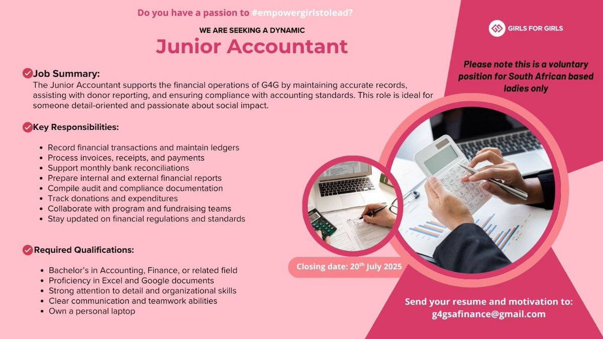 Girls4GirlsRSA's tweet image. Join our team! We're seeking a motivated individual for a Junior Accountant role (Voluntary Position). 

Gain valuable experience, develop your skills, and contribute to our organization's mission.

Apply now!☺️

#VolunteerOpportunity #JuniorAccountant #CareerDevelopment