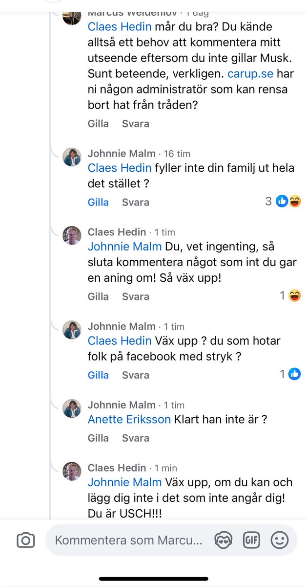 Jag vet inte vad man ska bli mest rädd över, att Carup.se tillåter ett kommentatorsfält där man kan hota andra människor, att Claes är sjuk och behöver hjälp är ganska uppenbart, men hur kan detta få finnas kvar och han kan dessutom fortsätta kommentera, i en annan