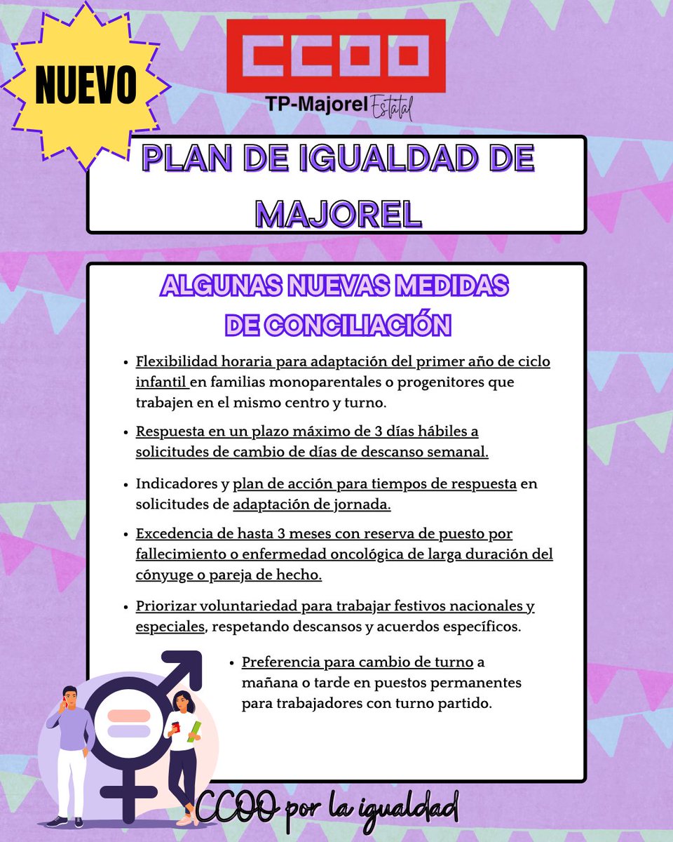 🎉 Como os habíamos informado.... Tenemos nuevo Plan de Igualdad!!💜
🔜 Aquí os dejamos algunos puntos resumidos, sobre conciliación. Si necesitas ampliar la información o tienes dudas... acude a tu delegada/o de CCOO❤️
#CCOOMajorel #PlanDeIgualdad #IgualdadReal #ConCcooAvanzas