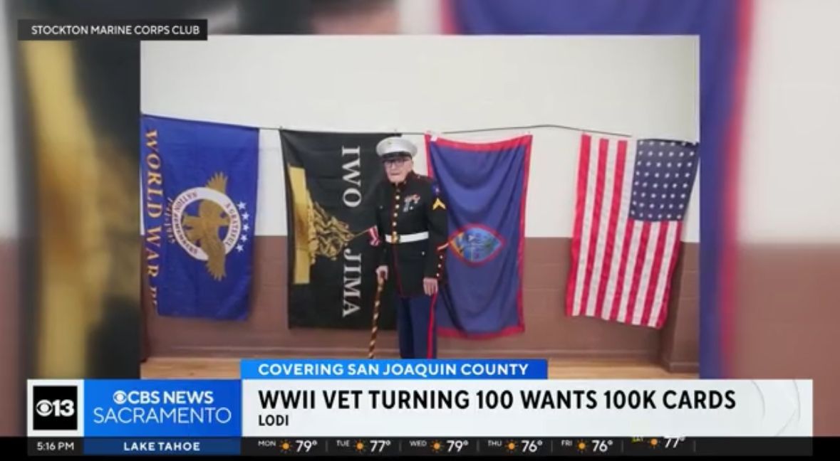 THEANTHEMGIRL's tweet image. Frank S. Wright wants 100,000 birthday cards from people around the country to celebrate his 100th birthday.
Anyone interested can send a postcard or letter to: Frank S. Wright, Stockton Marine Corps Club, PO Box 691045, Stockton, CA 95269.
cbsnews.com/sacramento/new…