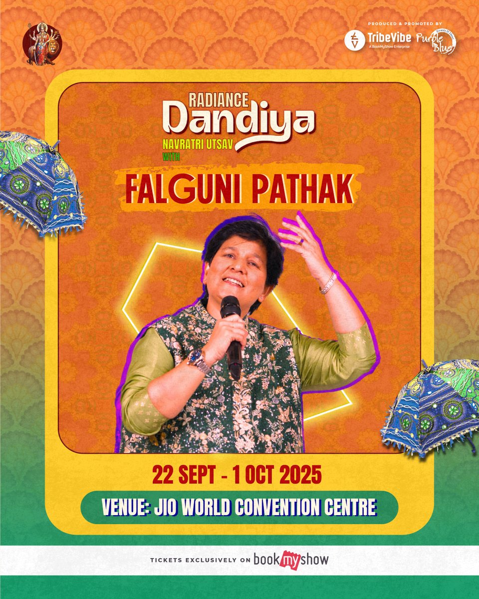 TribeVibeLive's tweet photo. The Queen of Dandiya is ready. Tamay ready cho? 💃

@FalguniPathak12  na sur, tamari energy, ane Navratri no rang—let’s make this season unforgettable, saathe! ❤

🗓 22nd Sept to 1st Oct, 2025
📍Venue: Jio World Convention Centre, BKC.

🎟 Tickets are LIVE on @bookmyshow  ! https://t.co/jAdQHtW1eF