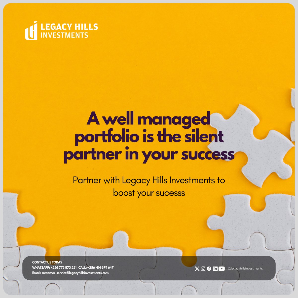The silent partner in your success is a well managed portfolio #LegacyQuotes 

Let us walk with you and boost your success.

Contact us today: +256 773 873 231
Learn more: legacyhillsinvestments.com