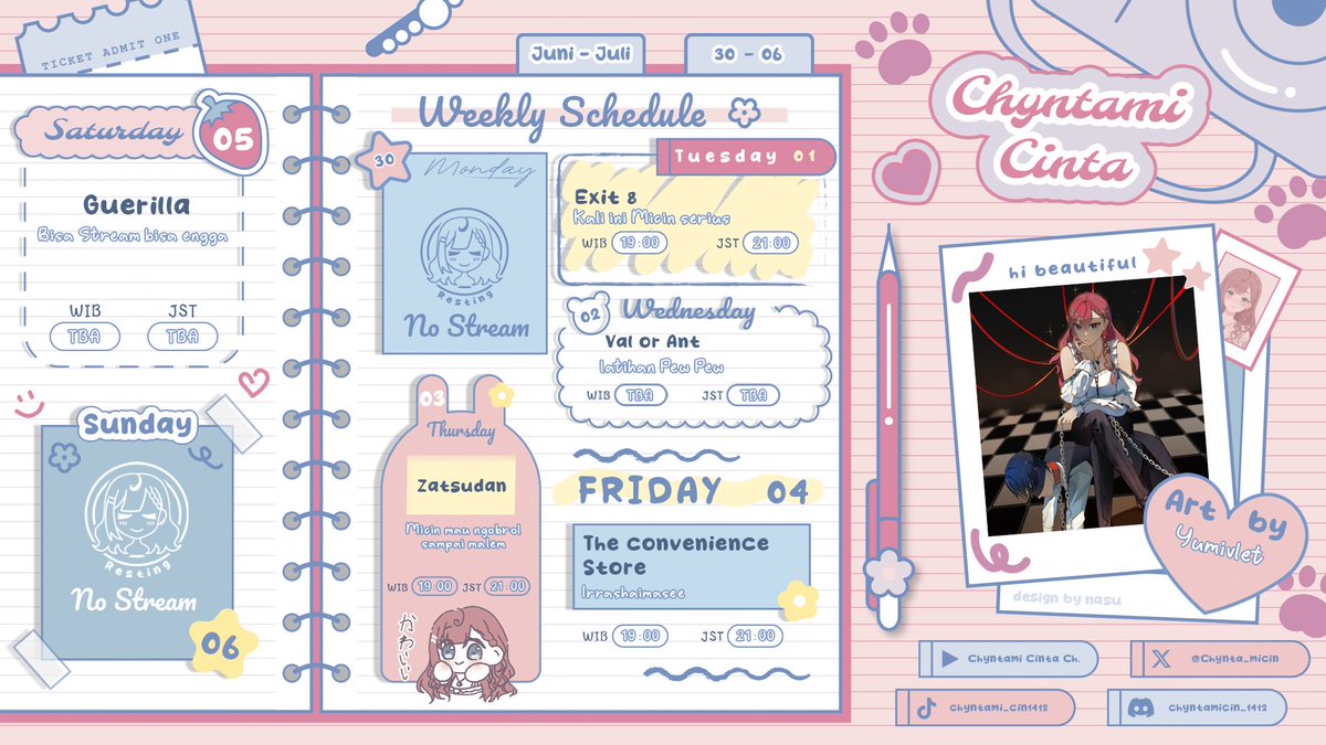 Chynta_micin's tweet photo. Konnichynta 🩷🧂
Micin dah bikin Scheed dari hari minggu tapi bentrok sama yg GA jadi baru diupload sekrng hehe 👉🏻👈🏻
🩷 WEEKLY SCHEED🧂
30 Juni - 06 Juli 2025
【#Chyntamicinta #Chylung #Micinscheed #Vtuber 】 https://t.co/svlIE1f6ao