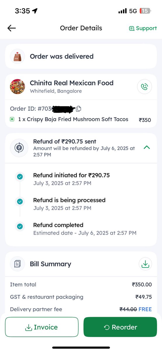 Aman218218's tweet photo. Ordered Mushroom Tacos &amp; got Chicken Tacos instead from @chinitataqueria Whitefield. Team should look into it &amp; provide reason/ apology. Ordered from @zomato. Got refund, no apology &amp; closed ticket. Though, this kind of mistake is not acceptable, something should be done abt it. https://t.co/woVkSxbmaU
