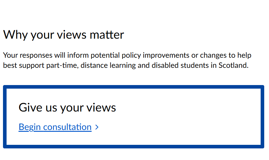 📣Calling all Part Time &amp; Disabled Students
The Scottish Government are seeking views relating to support for part-time and distance learning study; and also, for disabled students as these students face common issues.
Complete the survey here: bit.ly/4etRQe6