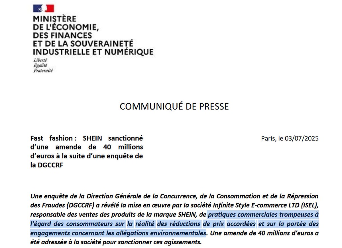 Ah oui, quand même ! 

40.000.000 € (40 millions), ça fait une belle amende pour <a href="/SHEIN_Official/">SHEIN</a> (et une sacrée contre-publicité pour le géant de la Fast fashion, qui cherche à présenter un visage respectable).

En cause: des tromperies sur les réductions les allégations écolos.