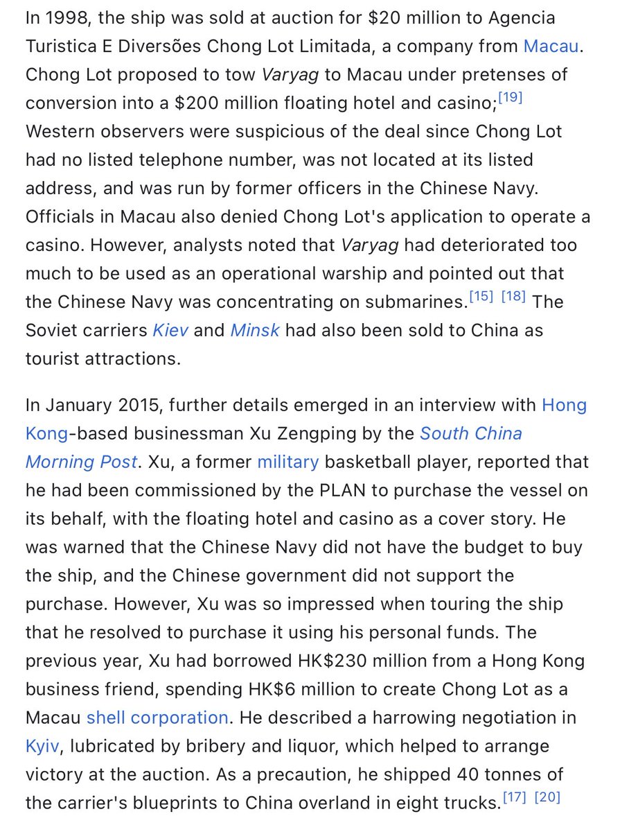MattNippert's tweet image. That one time a Chinese military officer baller went rogue and purchased the hulk of a decommissioned aircraft carrier during a bender, with a cover story as it being floating casino, and ended up bootstrapping the PRC navy into C21 second place in CAGs. en.wikipedia.org/wiki/Chinese_a…