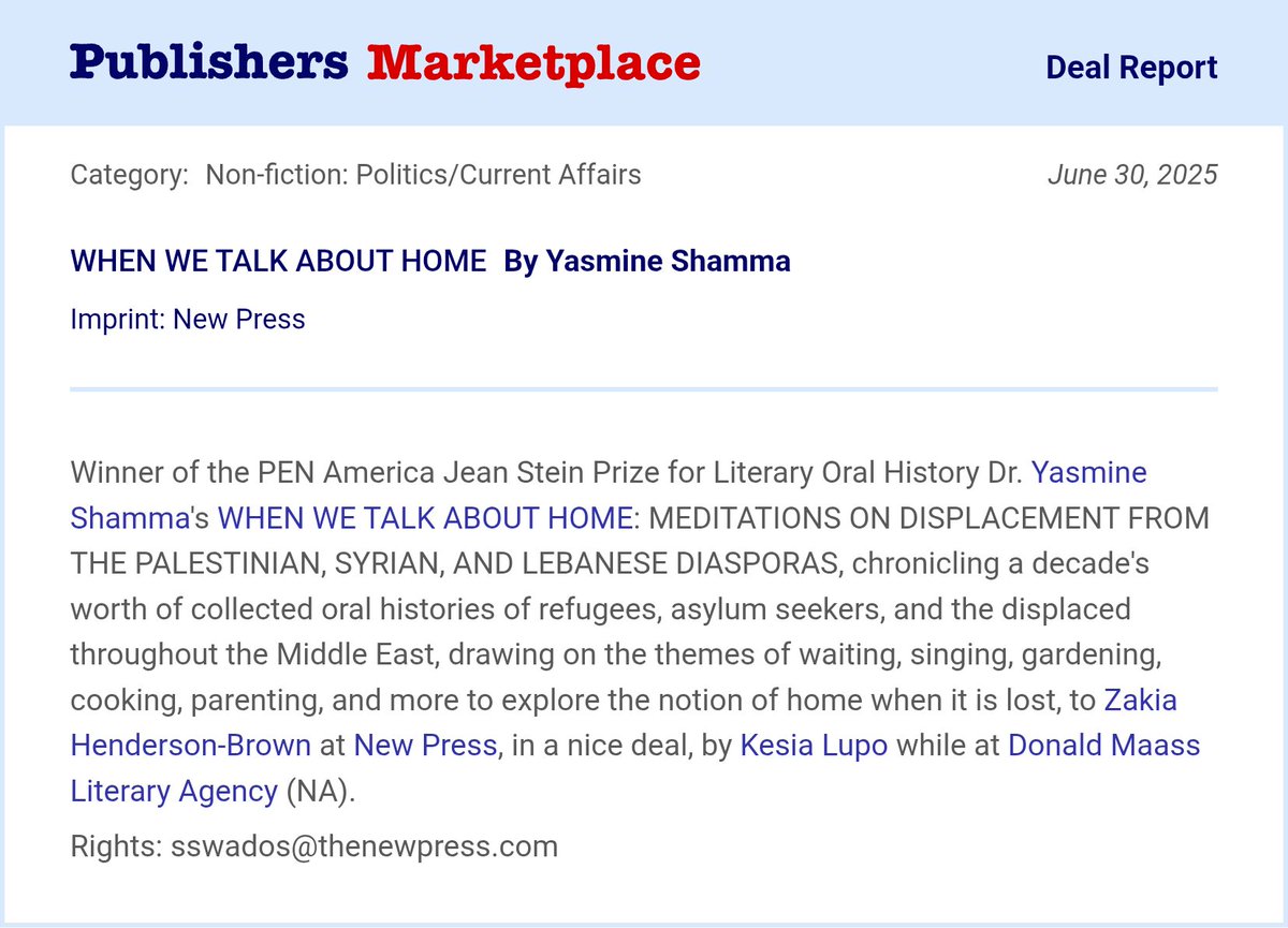 Yasmine Shamma (@yasmineshamma) on Twitter photo Back after a hiatus with lovely news:
w/thanks to <a href="/keslupo/">Kesia Lupo</a> for representation, <a href="/PENamerica/">PEN America</a> award for endorsing, zakia henderson-brown <a href="/thenewpress/">The New Press</a>
for believing in it, and all the refugees I've spoken to over the past decade for their generous testimonies included within... Back after a hiatus with lovely news:
w/thanks to <a href="/keslupo/">Kesia Lupo</a> for representation, <a href="/PENamerica/">PEN America</a> award for endorsing, zakia henderson-brown <a href="/thenewpress/">The New Press</a>
for believing in it, and all the refugees I've spoken to over the past decade for their generous testimonies included within...