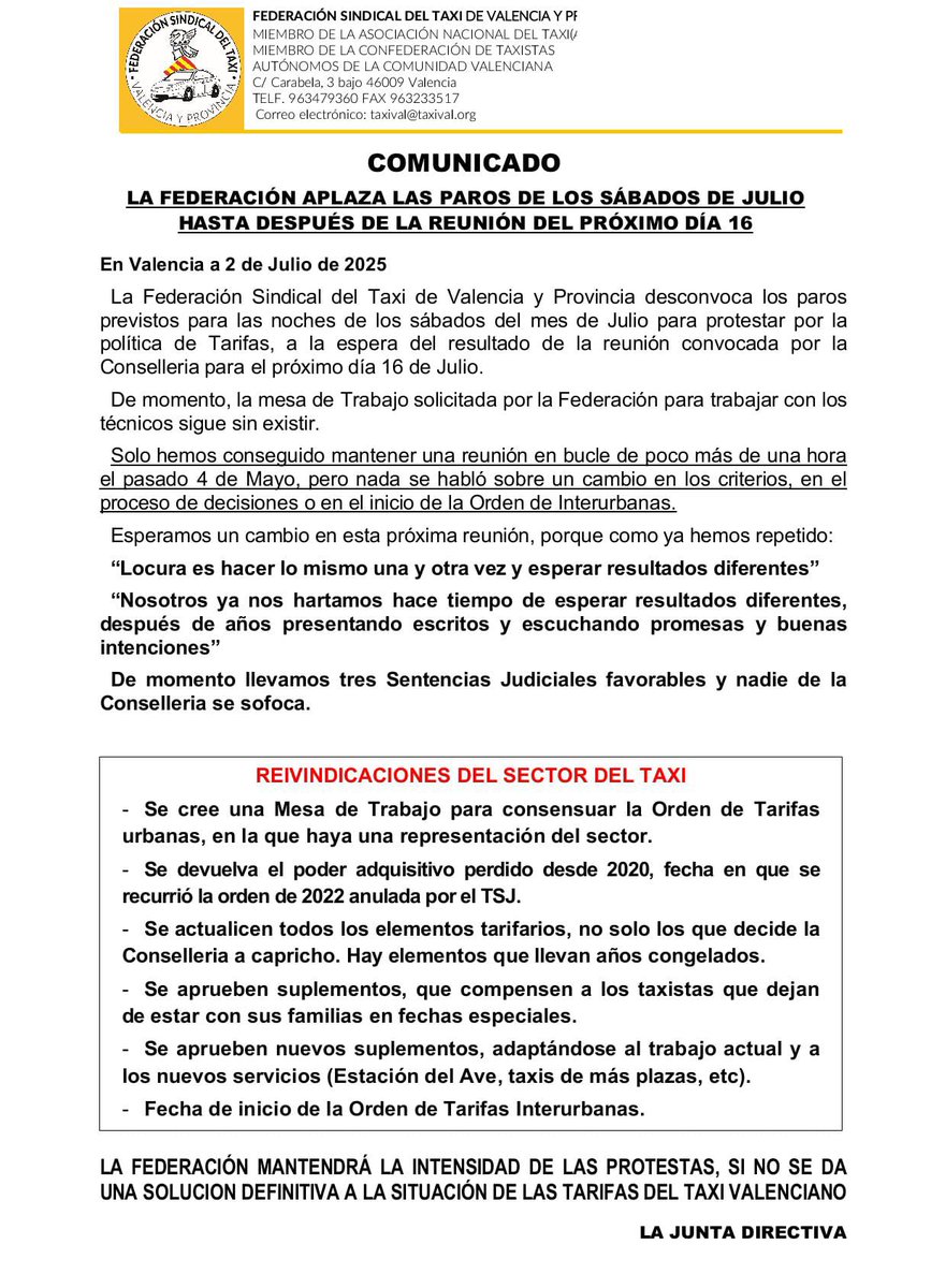 📢 Aplazamos los paros de los sábados de julio 🛑 hasta después de la reunión del día 16 con <a href="/GVAMediAmbient/">GVA Medi Ambient Infraestructures Territori</a>.

Reivindicamos la creación de la Mesa de Trabajo para consensuar la Orden de Tarifas urbanas y que se devuelva al #taxi el poder adquisitivo perdido 📉💸

#TaxiEnLucha 🪧