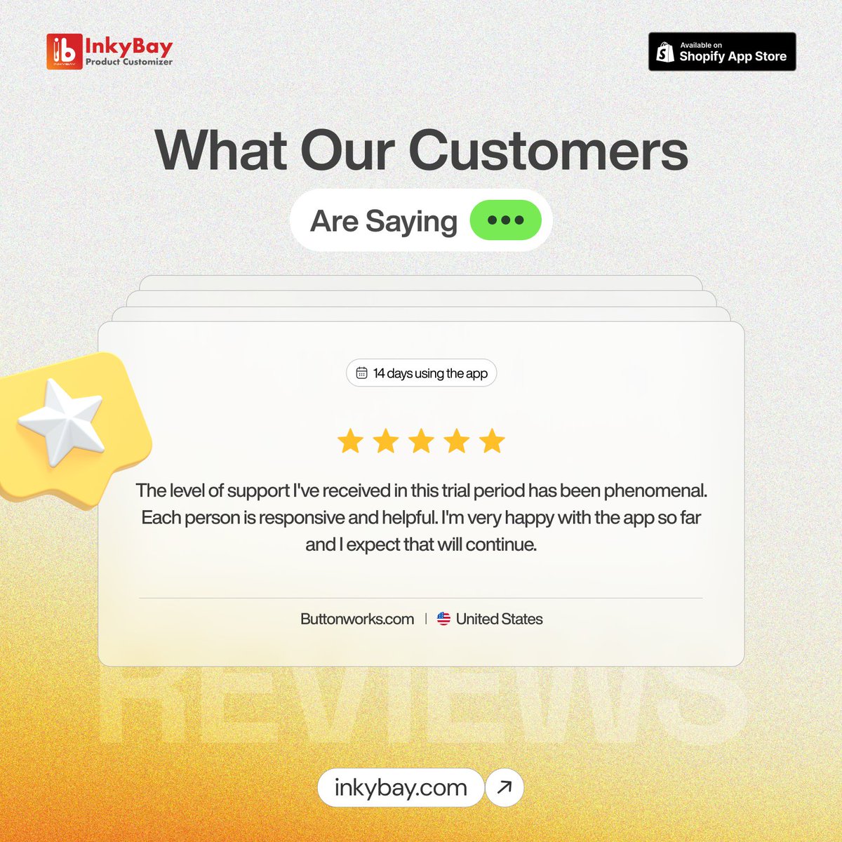 𝗕𝗲𝗵𝗶𝗻𝗱 𝗲𝘃𝗲𝗿𝘆𝘁𝗵𝗶𝗻𝗴 𝘄𝗲’𝘃𝗲 𝗯𝘂𝗶𝗹𝘁 𝗮𝘁 𝗜𝗻𝗸𝘆𝗕𝗮𝘆,
There’s one simple truth: 𝗶𝘁’𝘀 𝗮𝗹𝗹 𝗽𝗼𝘀𝘀𝗶𝗯𝗹𝗲 𝗯𝗲𝗰𝗮𝘂𝘀𝗲 𝗼𝗳 𝘆𝗼𝘂.

We’re proud to help businesses customize their products more easily. But what really drives us is getting feedback