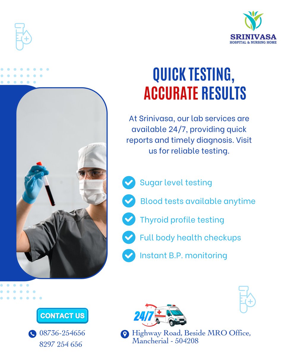 Srinivasah88995's tweet image. Quick Testing, Accurate Results | 24/7 Lab Services
✅ Blood Tests
✅ Sugar Testing
✅ Thyroid Profile
✅ Full Body Checkups
📍 #SrinivasaNursingHome, #Mancherial
📞 08736-254656 | 8297 254 656
#QuickTesting #24x7Care #SrinivasaHospitalCares #MancherialHealth #trending #reels