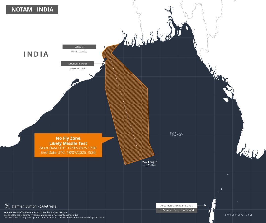 Power_Axis1's tweet image. #AreaWarning | #India issues #NOTAM for a possible missile test in #BayofBengal with a max range of 675 km.

Test window: 17–18 July 2025.

Any guesses which missile it could be?