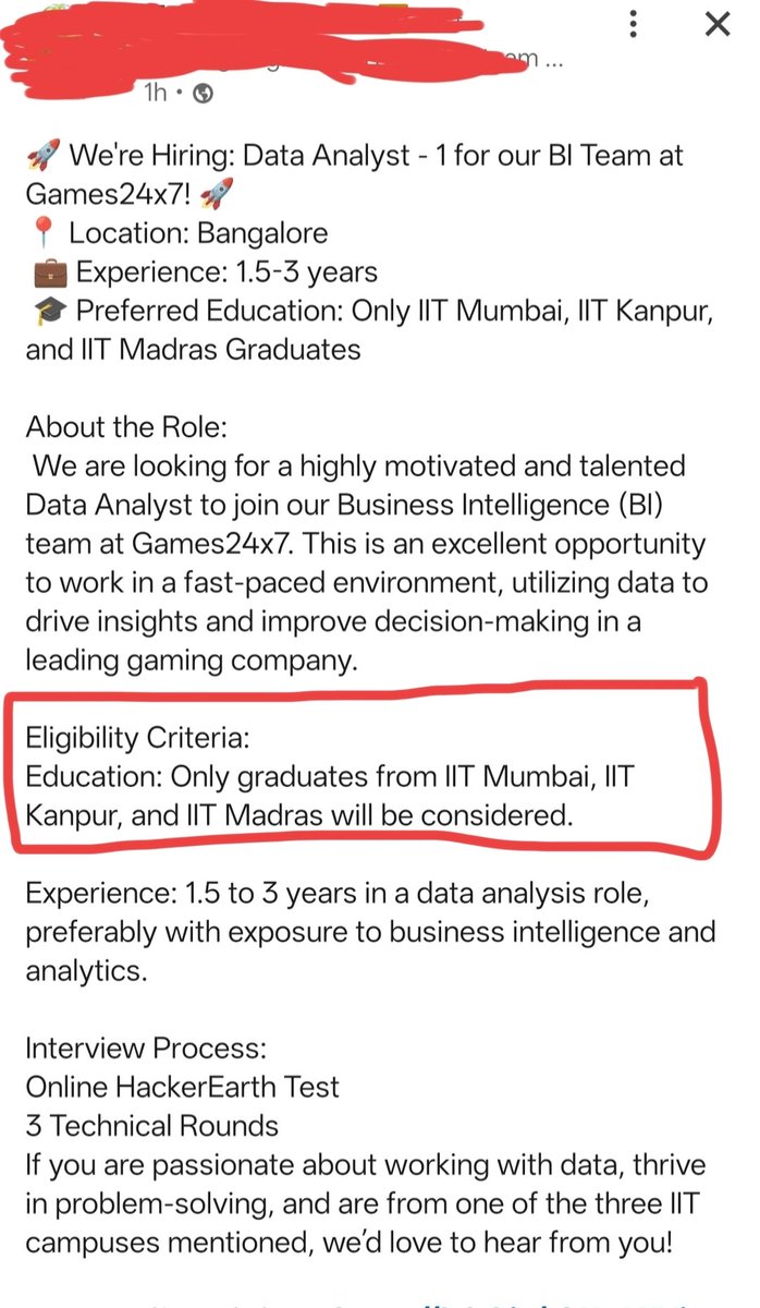 Data Analyst Role:

✅ Love data?
✅ Solve problems?
❌ Not from IIT Mumbai/Kanpur/Madras? Bye.

Basically:
"If you're not from these 3 IITs, your insights are invalid. Kindly take your passion and leave." 💼🚪

SQL didn’t filter on skills, just WHERE college IN (...) 😂

#BI