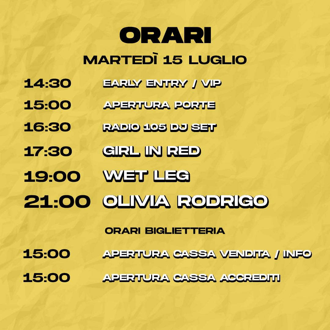 IDaysMilano's tweet image. Scopri tutte le info utili e gli orari del concerto di #OliviaRodrigo agli I-Days Milano Coca-Cola 2025! 💋🎸
15 luglio 2025 • I-Days Milano Coca-Cola, Ippodromo SNAI San Siro
Tutte le informazioni complete sul sito idays.it