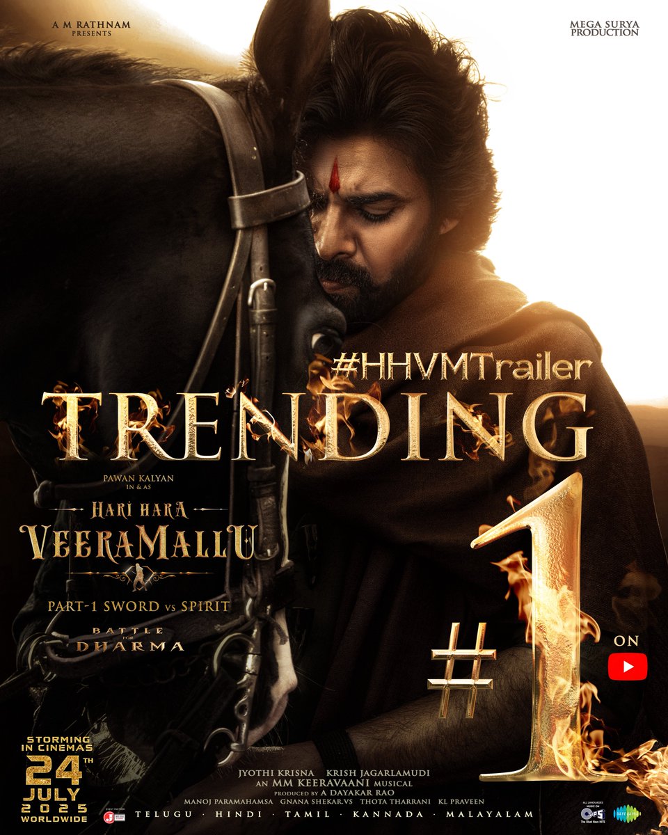 Hari Hara Veera Mallu (@hhvmfilm) on Twitter photo Fear will fall, Dharma will rise โ๏ธ๐ฅ
#HHVMTrailer sits at the #1 spot on YouTube and the euphoria is beyond control ๐ฏ๐ฅ
- youtube.com/watch?v=Qv-NEQโฆ
#HariHaraVeeraMallu
#HHVMonJuly24th #HHVM
Powerstar <a href="/PawanKalyan/">Pawan Kalyan</a> <a href="/AMRathnamOfl/">AM Rathnam</a> <a href="/thedeol/">Bobby Deol</a> #SatyaRaj <a href="/AgerwalNidhhi/">Nidhhi Agerwal ๐ Panchami</a> Fear will fall, Dharma will rise โ๏ธ๐ฅ
#HHVMTrailer sits at the #1 spot on YouTube and the euphoria is beyond control ๐ฏ๐ฅ
- youtube.com/watch?v=Qv-NEQโฆ
#HariHaraVeeraMallu
#HHVMonJuly24th #HHVM
Powerstar <a href="/PawanKalyan/">Pawan Kalyan</a> <a href="/AMRathnamOfl/">AM Rathnam</a> <a href="/thedeol/">Bobby Deol</a> #SatyaRaj <a href="/AgerwalNidhhi/">Nidhhi Agerwal ๐ Panchami</a>
