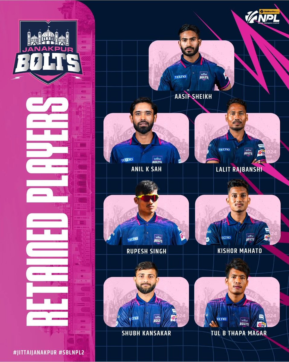 Bolts Fam, The Core is Locked &amp; Loaded! 🔒⚡
7 Retained Stars — Ready to Run it Back &amp; Defend the Crown! 👑
Janakpur Bolts is retaining its champions' core for Nepal Premier League Season 2. The mission is clear — Back-to-Back Glory!
#SBLNPL2 #JanakpurBolts #DefendTheTitle