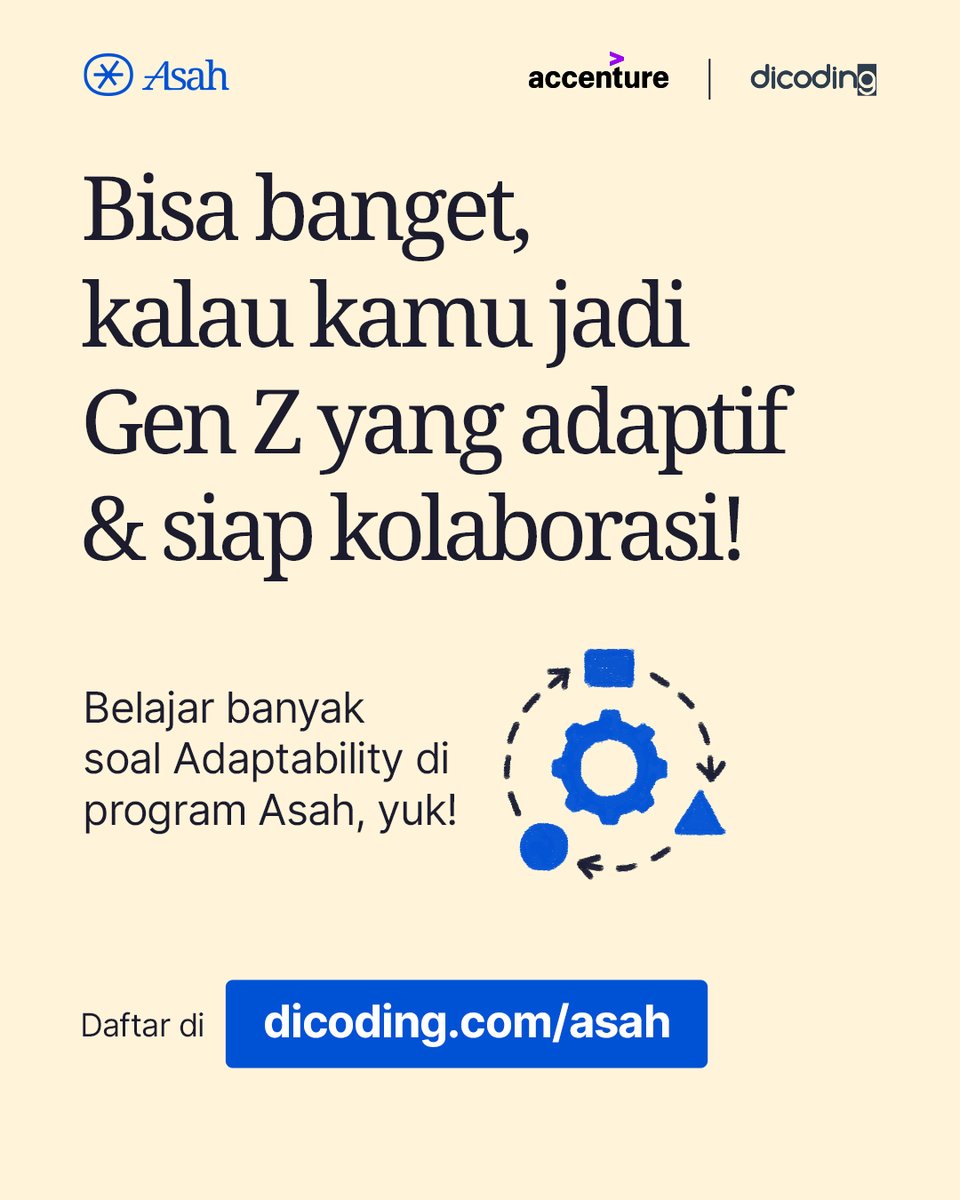 dicoding's tweet image. Yuk belajar adaptability di program Asah led by Accenture and Dicoding biar kamu bisa ngobrol enak, kerja bareng asik, dan tetap jadi versi terbaikmu di tempat kerja💼✨
Daftarnya di 👉 dicoding.com/asah
#Accenture #Dicoding #AsahSkillmu #ProgramAsah