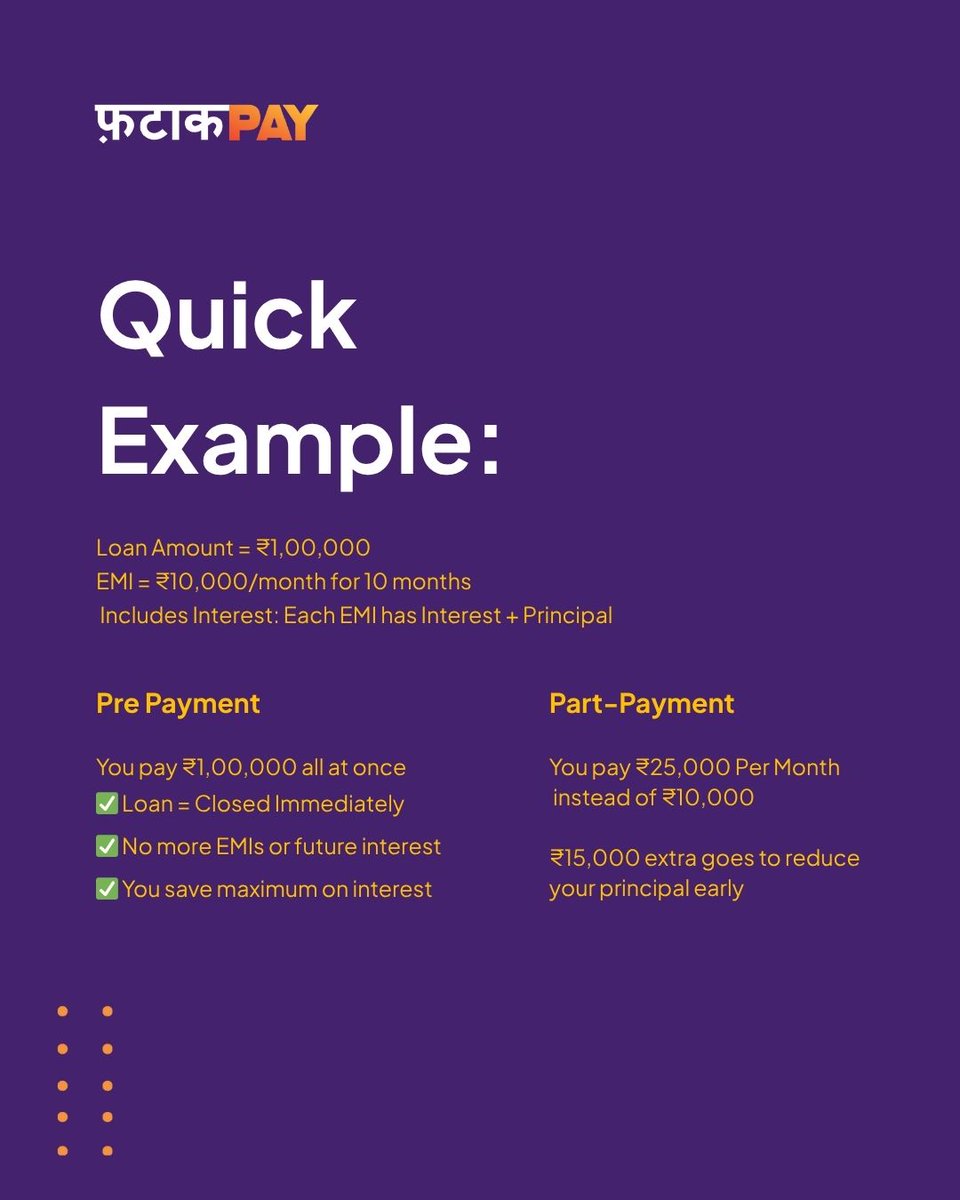 FatakPay's tweet photo. Want to end your loan early? There are two ways — Pre Payment or Part-Payment. Both save interest, but only one closes the loan instantly. 👀
Swipe to decode smart repayment move.
Keep following us for such more finance related tips.
#SmartRepayment #LoanTips #FinanceMadeEasy #EMITips #PrepaymentVsPartPayment #LoanAppIndia #FatakPay #FatakPayTips