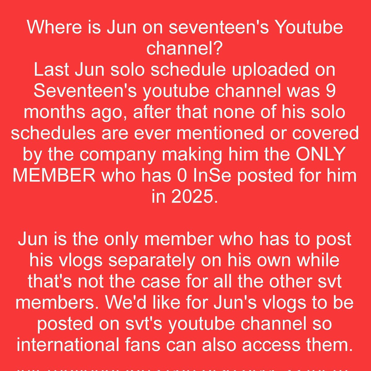 softy_wonu's tweet photo. Jun always gives his everything and yet receives little to nothing, he deserves better treatment. 

Stop with the mistreatment, lack of proper promo, and over all neglect.

WHERE IS JUNHUI
#Stop_Erasing_Jun #TreatJunhuiLikeAMember 
@pledis_17 @pledisnews @pledis17_STAFF https://t.co/JUiqR9b2C5