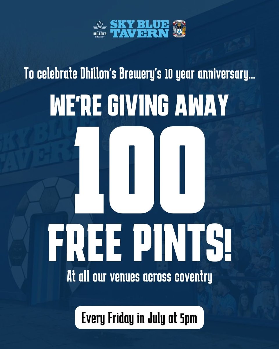 SkyBlueTavernPH's tweet photo. FREE PINTS GIVEN AWAY TOMORROW 5PM - 5:30PM! πΊ
No - we're not joking! To celebrate @dhillonsbrewery 10th birthday, we're giving away 100 free pints!! Once they're gone they're gone, so hurry down!!
#coventry #skybluetavern #coventrybars #placestodrinkcoventry https://t.co/fScFtlFFma