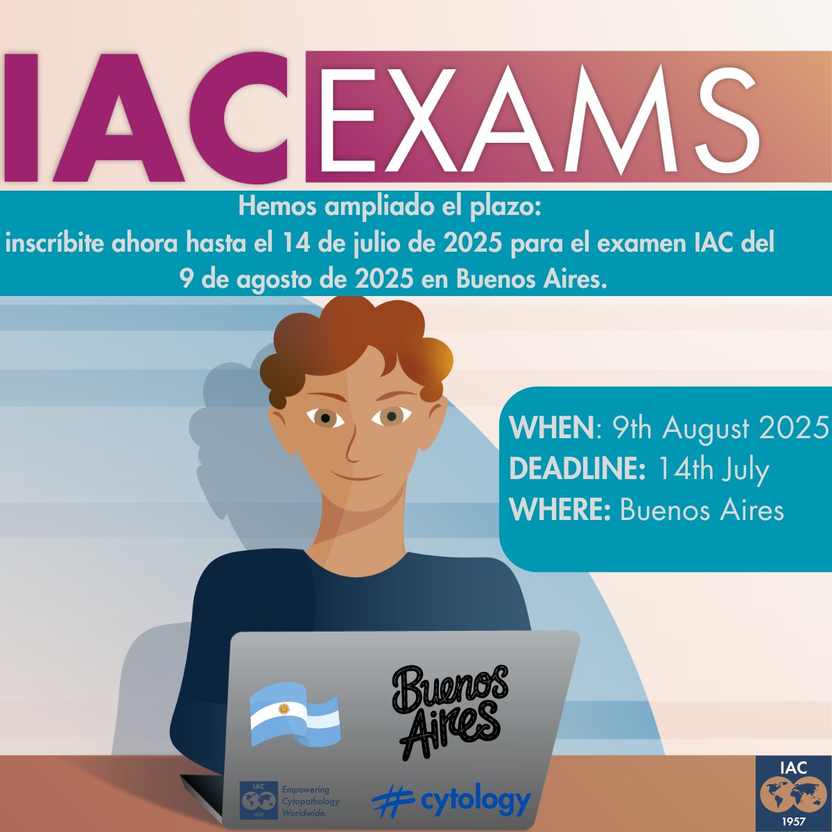 Good news for all who are considering taking the #IACexam on 9 August during #SAC_SLACito25! We have prolonged the deadline to 14 July. ¿Piensas en presentarte al #IACexam? Inscríbete hasta el 14 de julio para el examen IAC del 9 de agosto cytology-iac.org/iac-examinatio…