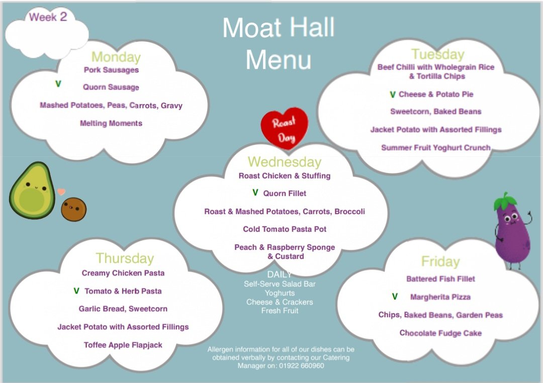Next week's Dinner menu 

Wednesday 9th- Picnic packed lunch