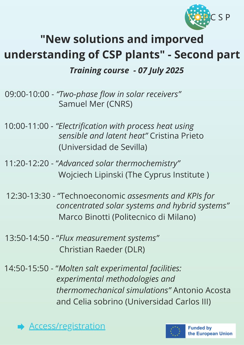 Next 7 july 🗓️<a href="/EPS_UC3M/">EPS-UC3M</a> is preparing the on-line course "New solutions and imporved understanding of CSP plants". Very interesting course with participation of researchers from Spain, France, Cyprus, Germany and Italy. Inscriptions open here: 👉 docs.google.com/forms/d/e/1FAI…