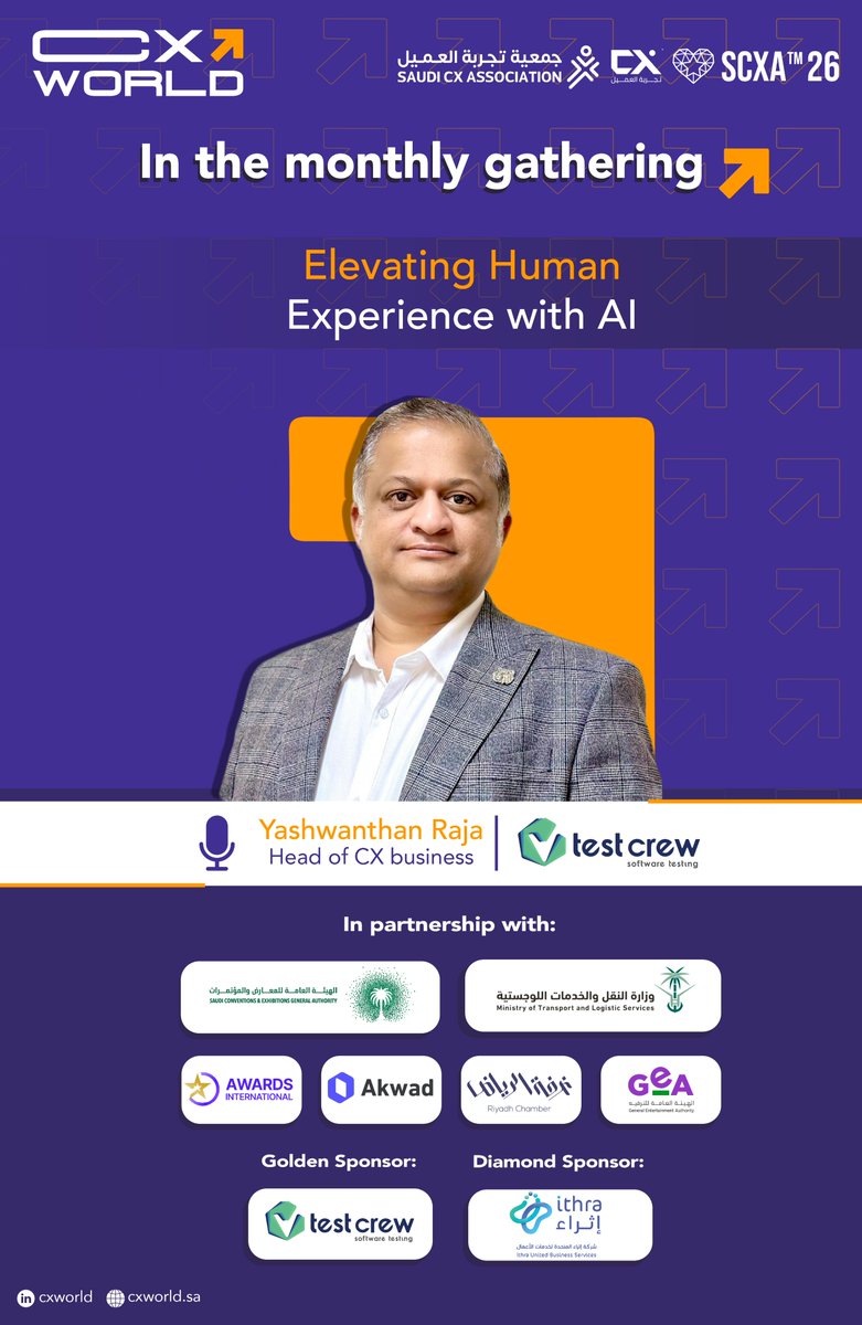 (Monthly Gathering | Saudi CX Association)

🎙 Elevating Human Experience with AI

Join us for a powerful session led by Yashwanthan Raja, Head of CX Business at <a href="/TestCrewCo/">TestCrew</a> , as he explores how artificial intelligence is reshaping the way we understand and enhance human