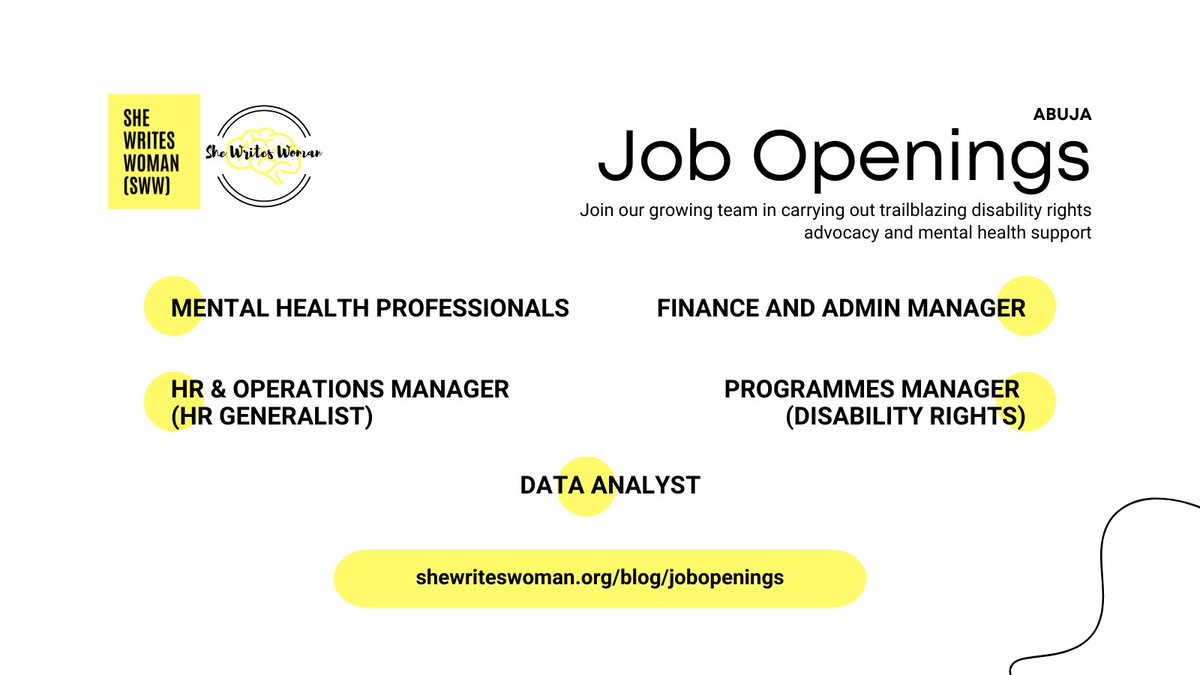 JOB OPENINGS:
Our team is growing!
Are you in Abuja and looking to do meaningful work in disability rights and mental healthcare?

Read more, apply and share.
shewriteswoman.org/blog/jobopenin…