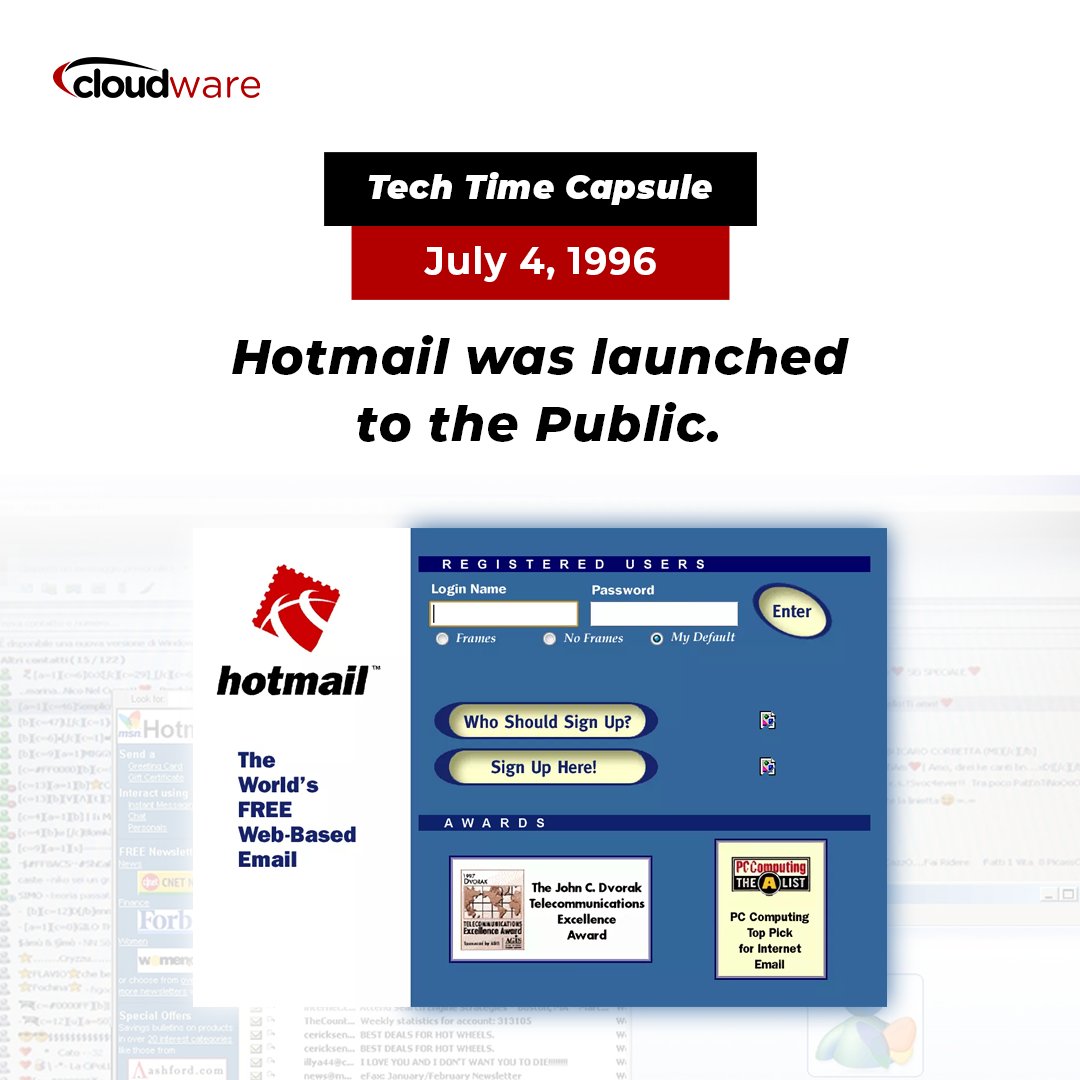 cloudwareafrica's tweet image. On American Independence Day, Sabeer Bhatia and Jack Smith launched Hotmail, one of the first web-based email services.

➡️ Microsoft acquired it in 1997, and it evolved into what we now know as Outlook.com.

#TechTimeCapsule #Hotmail #EmailHistory #Microsoft