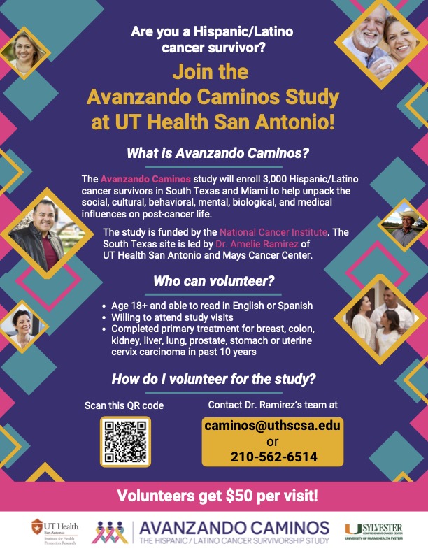 UTHSAResearch's tweet image. Latino cancer survivors, this is your chance to share your experiences to benefit future survivors! Join @UTHealthSA’s Avanzando Caminos study! salud.to/survivorstudy