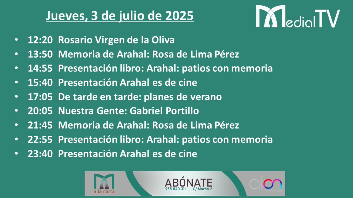 Contenidos de Medial TV para este jueves 3 de julio de 2025. Novedad:
- 20:05 horas: Nuestra Gente: Hoy hablamos con el diseñador Gabriel Portillo.

¡No te los pierdas!
