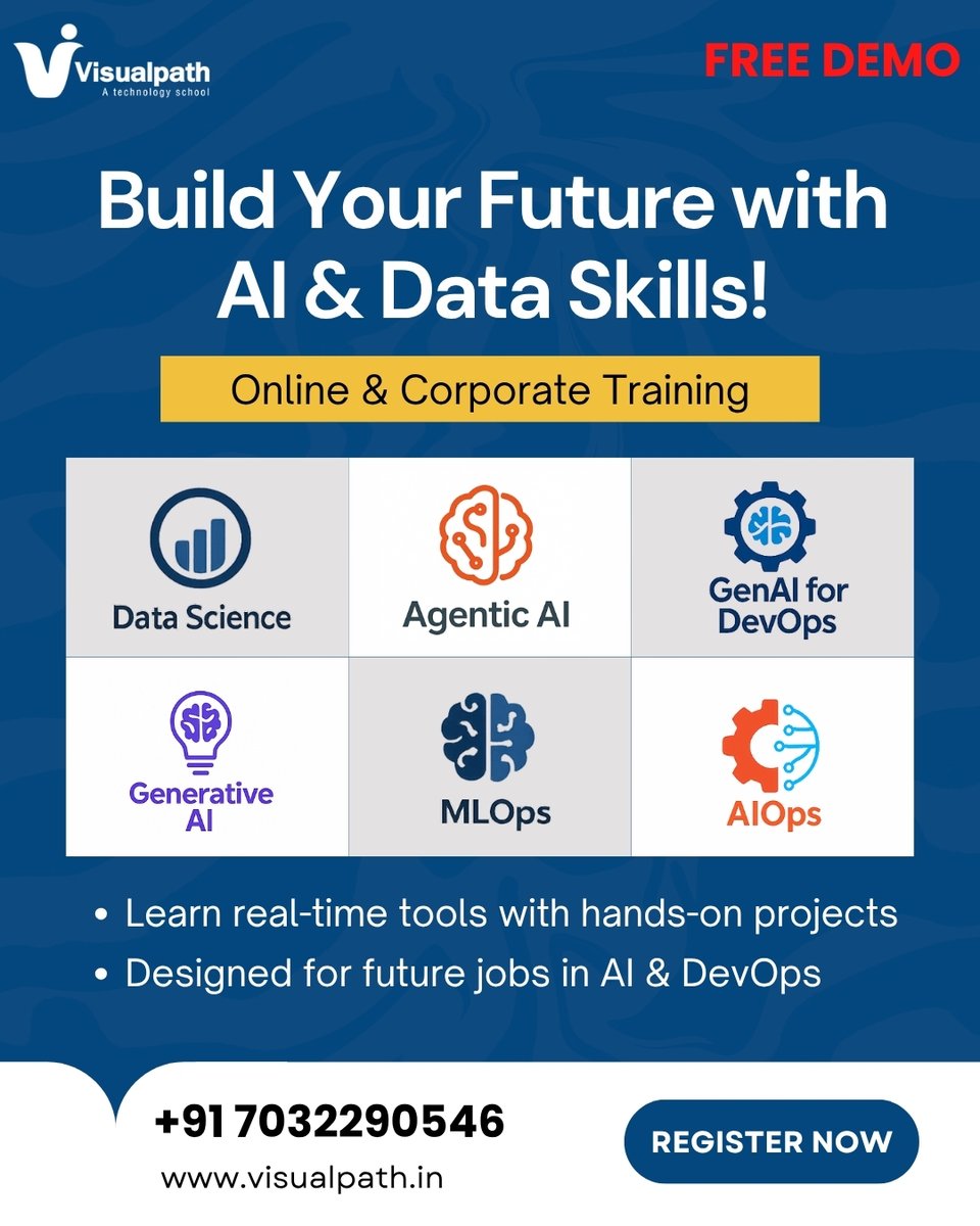 VisualpathPro's tweet photo. 🚀 Build Your Future with In-Demand AI &amp; Data Skills!
📢 Online &amp; Corporate Training | Free Demo 
📞Call/WhatsApp: https://t.co/JwGoDA7iwF 
🌐 Visit: https://t.co/dXO4QcJxA4
📘 Courses Offered:
✅ Data Science
✅ Generative AI
✅ Agentic AI
✅ GenAI for DevOps
✅ MLOps
✅ AIOps https://t.co/fvk9rJH35c
