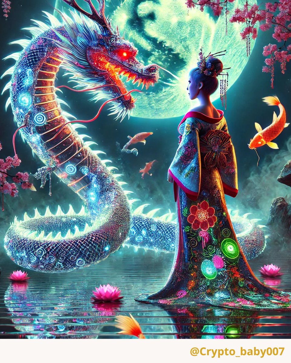 💎🐉💮
She doesn’t flinch.
Not when the dragon slithers closer, red eyes glowing.
Not when the koi leap, or when the code ripples the water.

🔥Power isn’t always loud.
Sometimes it stands still — dressed in phosphorescent silence.

#CyberMythos
#DigitalGeisha
#NeoLegends