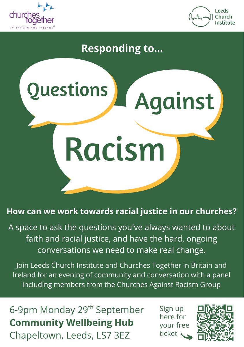 Good afternoon everyone, *you're invited to attend two free racial justice events taking place in Leeds,* September 2025 and October 2025. 

If you would like to attend, please sign-up using the barcode.
