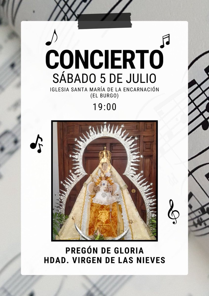 𝐂𝐎𝐍𝐂𝐈𝐄𝐑𝐓𝐎🎼🎶

El próximo sábado 5 de Julio participaremos en el "I Pregón de Gloria" organizado por la Hdad. Virgen de las Nieves en la Iglesia de la Encarnación de El Burgo a las 19:00h.

Os esperamos 💙

#patronasdemalaga