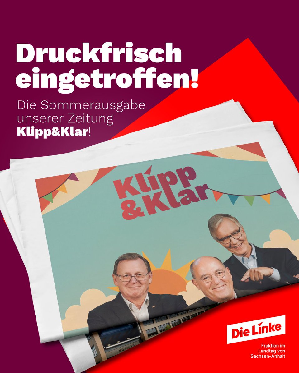 Unsere neue Klipp&amp;Klar❤️ ist da! Wer unsere Fraktionszeitung nicht im Briefkasten findet, kann sie hier digital lesen: dielinke-fraktion-lsa.de/fileadmin/lf-s…
#ltlsa #dielinke #sachsenanhalt #nurmitlinks #deshalbdielinke