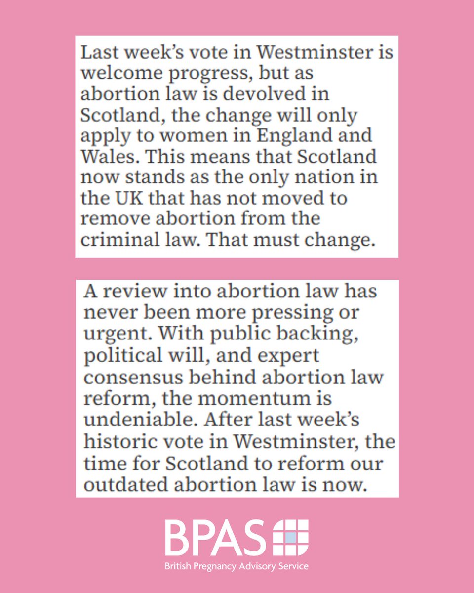 BPAS1968's tweet image. Following the law change in England and Wales, there&apos;s an even greater urgency for reform in Scotland. 

We currently sit on an expert group chaired by Scotland&apos;s Women’s Health Champion and recommendations will be published in the coming months.