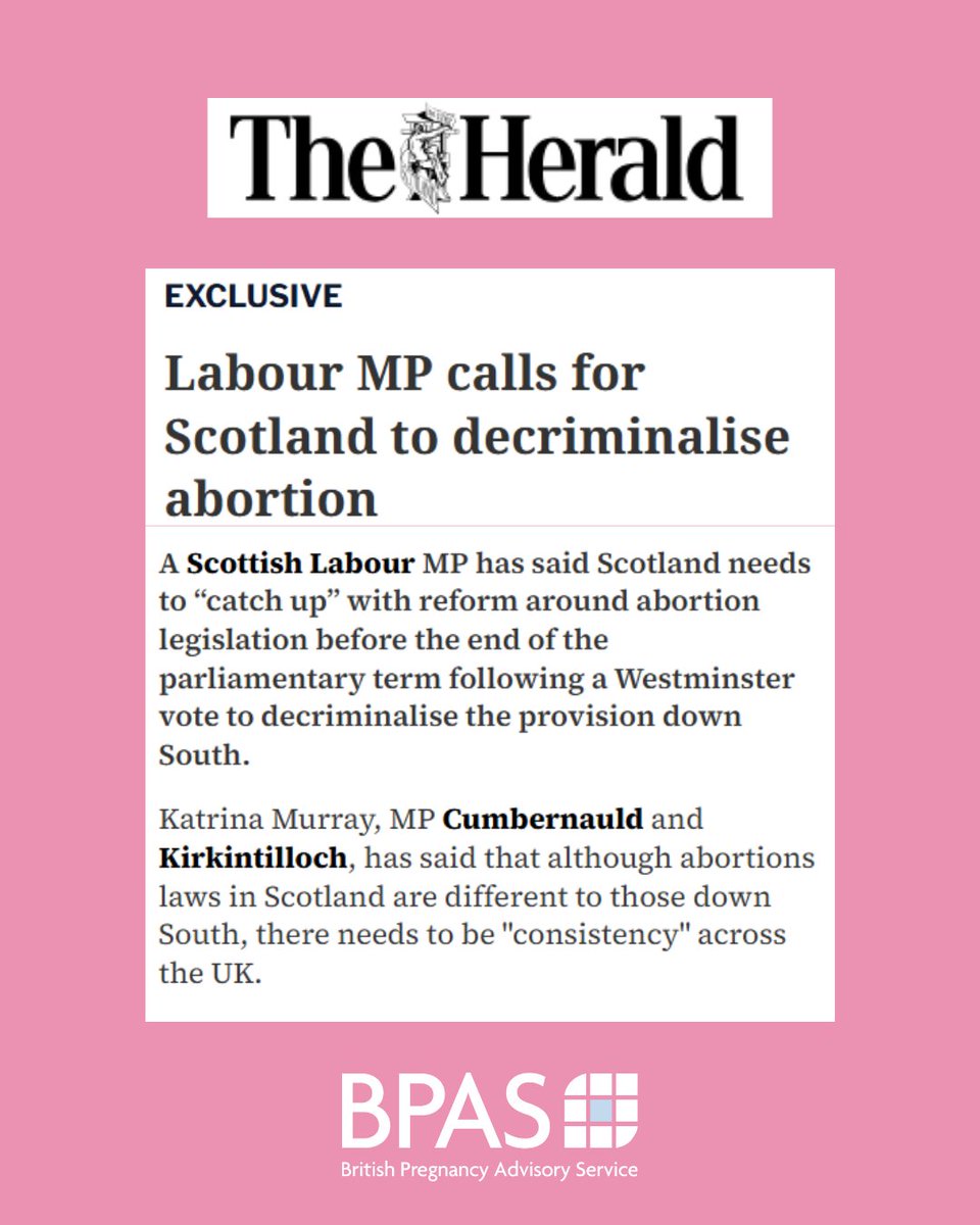 BPAS1968's tweet image. Following the law change in England and Wales, there&apos;s an even greater urgency for reform in Scotland. 

We currently sit on an expert group chaired by Scotland&apos;s Women’s Health Champion and recommendations will be published in the coming months.