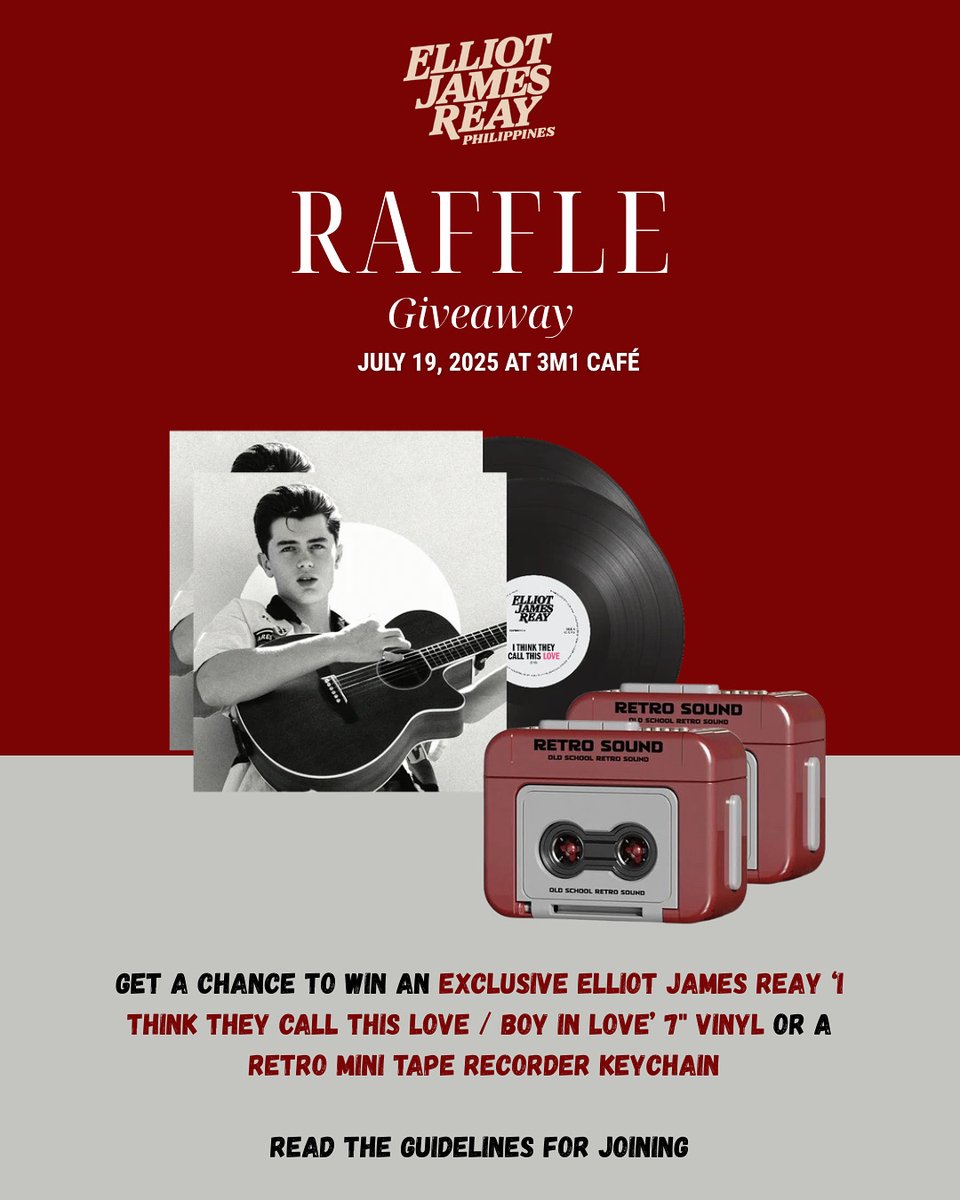 Elliot James Reay PH (@ejreayph) on Twitter photo 🎉 Filo Reaydreamers! 🎉
Join our cupsleeve event on July 19, 2025! Pre-reg now for a chance to win raffle prizes 👀✨
🔗 forms.gle/SPxZH88g8Zd9u2…
Thanks <a href="/UMG_PH/">UMG Philippines</a> for sponsoring the vinyls! 💿
Let's celebrate <a href="/elliotjamesreay/">Elliot James Reay</a>'s EP! 💖🎶 🎉 Filo Reaydreamers! 🎉
Join our cupsleeve event on July 19, 2025! Pre-reg now for a chance to win raffle prizes 👀✨
🔗 forms.gle/SPxZH88g8Zd9u2…
Thanks <a href="/UMG_PH/">UMG Philippines</a> for sponsoring the vinyls! 💿
Let's celebrate <a href="/elliotjamesreay/">Elliot James Reay</a>'s EP! 💖🎶