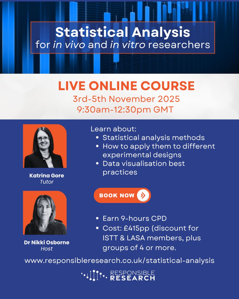 New course dates!
Statistical Analysis for In Vivo &amp; In Vitro Researchers
🗓️ 3–5 Nov 2025 | 🕘 9:30–12:30 GMT
💻 Live online | 🧠 9h CPD
💷 £415pp (discounts avail.)
With biostatistician Katrina Gore
🔗 Register: attendee.gotowebinar.com/register/73312…
#Biostatistics #CPD