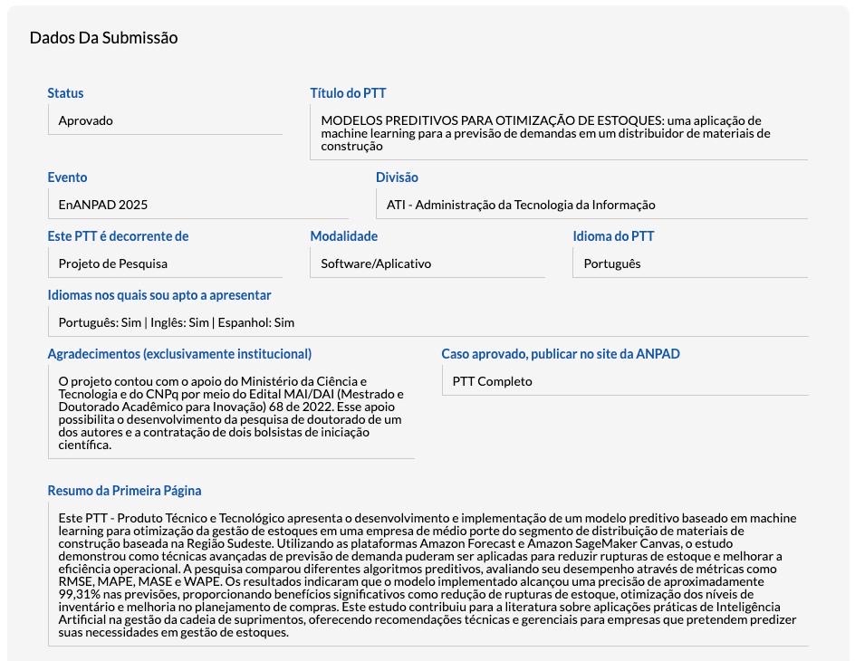 diocelio's tweet photo. 🎉📊 Artigo Aprovado na EnANPAD 2025! 📊🎉

É com grande satisfação que compartilho a aprovação do nosso Produto Técnico e Tecnológico (PTT) no EnANPAD 2025, na divisão de Administração da Tecnologia da Informação (ATI). O trabalho intitulado:

“MODELOS PREDITIVOS PARA OTIMIZAÇÃO DE ESTOQUES: uma aplicação de machine learning para a previsão de demandas em um distribuidor de materiais de construção”

reflete os avanços da pesquisa aplicada no uso de inteligência artificial para resolução de desafios logísticos e operacionais no setor de distribuição.

🔍 O estudo, derivado de projeto de pesquisa com apoio do CNPq e do Ministério da Ciência e Tecnologia, via Edital MAI/DAI (nº 68/2022), propõe e implementa modelos preditivos por meio das plataformas Amazon Forecast e Amazon SageMaker Canvas. Avaliamos o desempenho com métricas robustas como RMSE, MAPE, MASE e WAPE, e os resultados demonstraram precisão superior a 99% em previsões de curto prazo.

📈 A proposta visa mitigar rupturas de estoque e aprimorar a gestão da cadeia de suprimentos com soluções de base científica. Agradeço imensamente ao grupo de pesquisa, bolsistas e instituições envolvidas.

📚 O artigo estará disponível na íntegra no site da ANPAD, contribuindo para a construção de pontes entre a pesquisa acadêmica e a prática empresarial.

#EnANPAD2025 #PesquisaAplicada #InteligenciaArtificial #MachineLearning #GestãoDeEstoques #TransformaçãoDigital #CNPq #Inovação #AmazonForecast #Administração #TecnologiaDaInformação #PesquisaCientífica