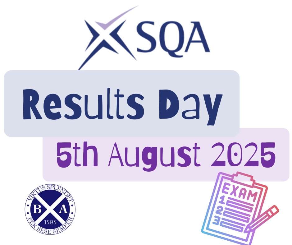 BanffAcademyBXA's tweet image. 2025 SQA Results will be received on 5th of Aug. You will receive your results by post (or by phone/email if signed up on My SQA). If you need advice or support, please contact the school.
Check out the SQA website for more info.
We are proud of each and every one of you! 🌟